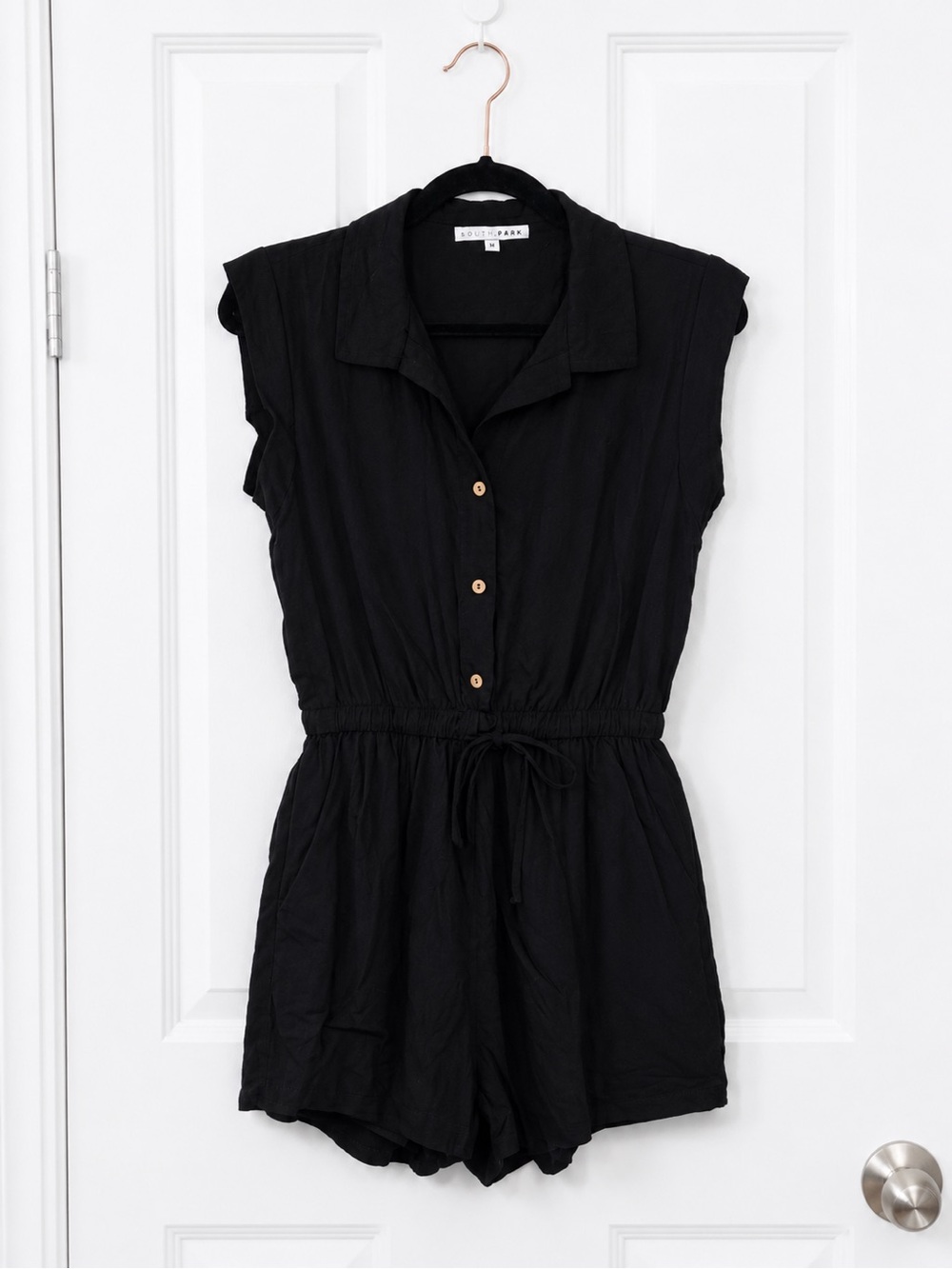 Button-Up Summer Romper w Cinched Waist and Pockets - Natural Fibers Size S
